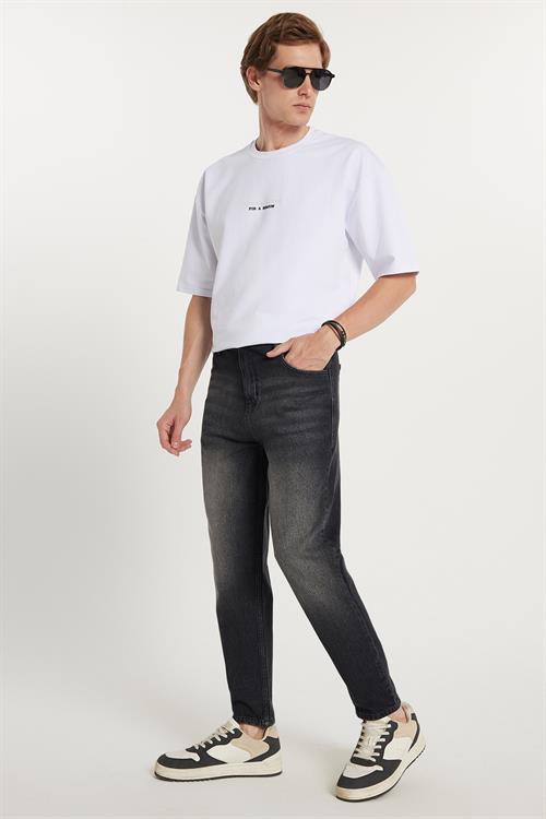 Erkek Relax Fit Geniş Kesim Boru Paça Yıkamalı Taşlamalı Boyfriend Esnek Siyah Jean Kot Pantolon