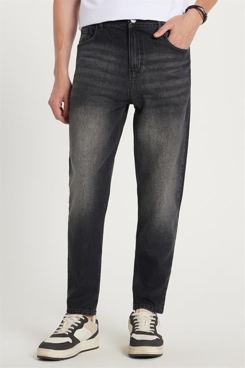 Erkek Relax Fit Geniş Kesim Boru Paça Yıkamalı Taşlamalı Boyfriend Esnek Siyah Jean Kot Pantolon