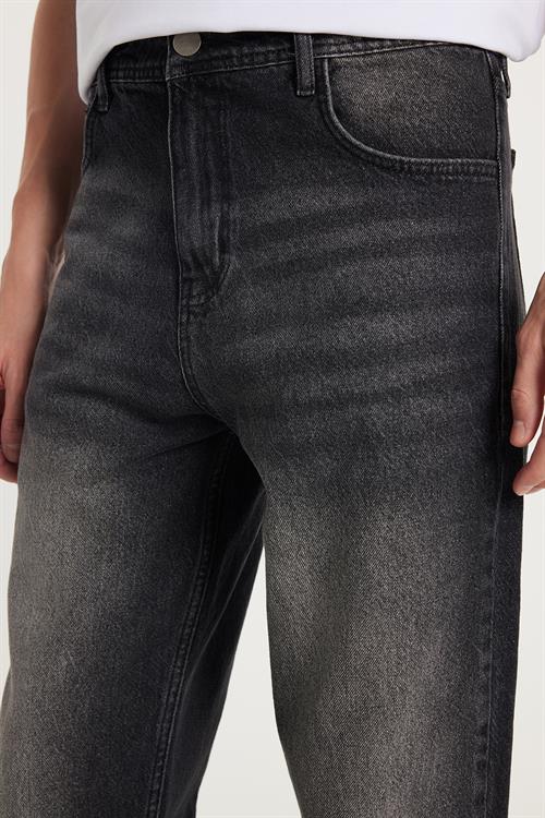 Erkek Relax Fit Geniş Kesim Boru Paça Yıkamalı Taşlamalı Boyfriend Esnek Siyah Jean Kot Pantolon