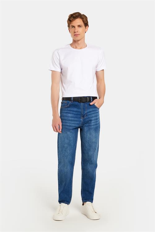 Erkek Relax Fit Geniş Kesim Boru Paça Yıkamalı Taşlamalı Boyfriend Esnek Mavi Jean Kot Pantolon