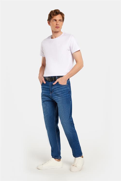 Erkek Relax Fit Geniş Kesim Boru Paça Yıkamalı Taşlamalı Boyfriend Esnek Mavi Jean Kot Pantolon