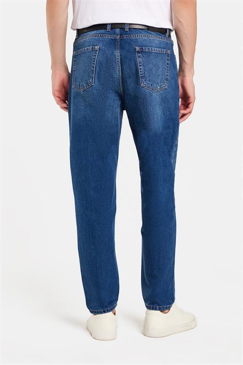 Erkek Relax Fit Geniş Kesim Boru Paça Yıkamalı Taşlamalı Boyfriend Esnek Mavi Jean Kot Pantolon