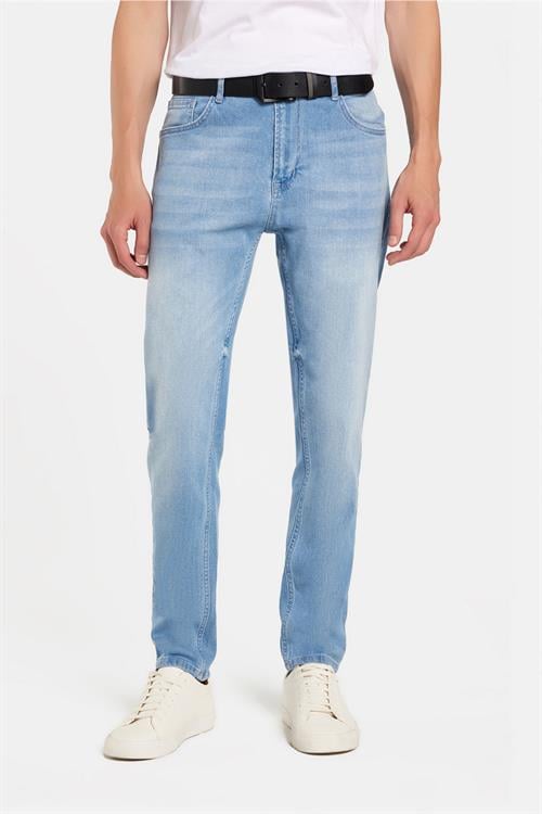 Erkek Regular Fit Normal Kesim Denim Yıkamalı Düz Paça Açık Mavi Jean Kot Pantolon