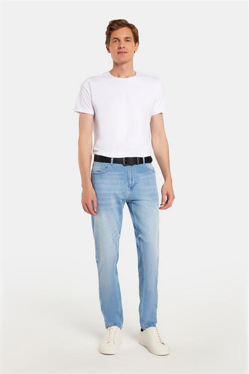 Erkek Regular Fit Normal Kesim Denim Yıkamalı Düz Paça Açık Mavi Jean Kot Pantolon