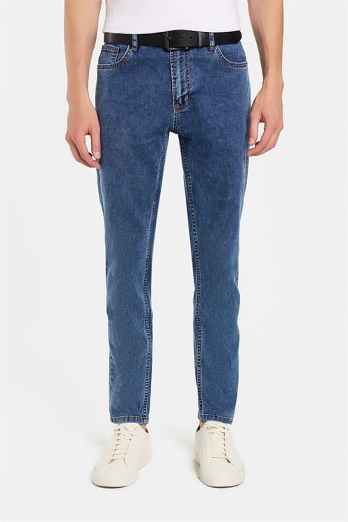 Erkek Regular Fit Yıkamalı Taşlamalı Esnek Kot  Düz Paça Tapered Açık Mavi Jean Pantolon