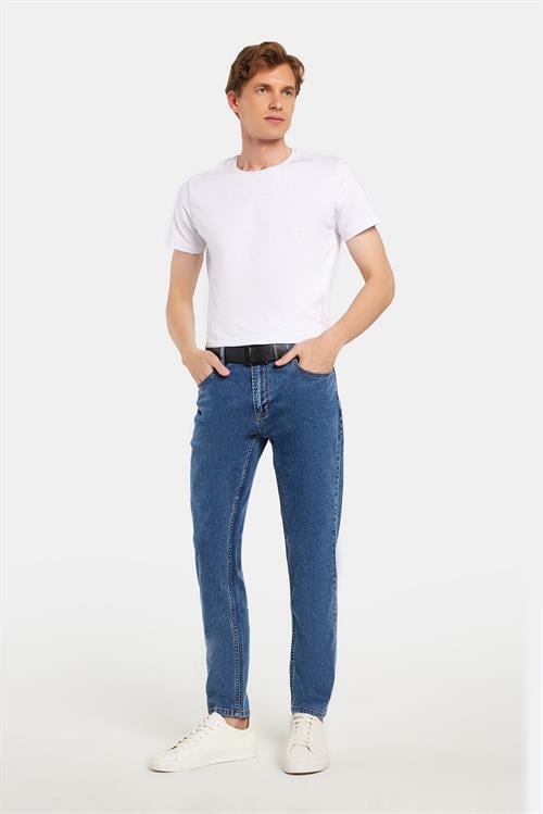Erkek Regular Fit Yıkamalı Taşlamalı Esnek Kot  Düz Paça Tapered Açık Mavi Jean Pantolon