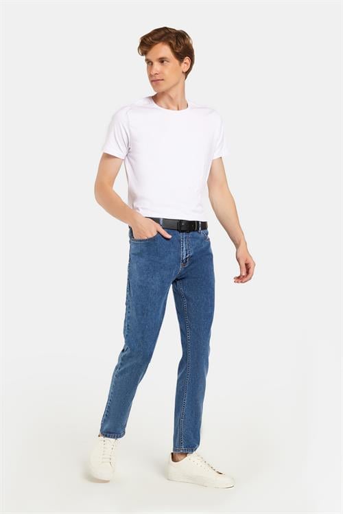 Erkek Regular Fit Yıkamalı Taşlamalı Esnek Kot  Düz Paça Tapered Açık Mavi Jean Pantolon