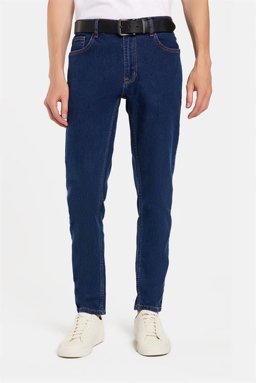 Erkek Regular Fit Yıkamalı Taşlamalı Esnek Kot  Düz Paça Tapered Lacivert Jean Pantolon