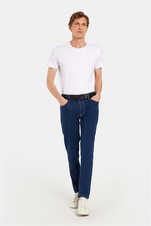 Erkek Regular Fit Yıkamalı Taşlamalı Esnek Kot  Düz Paça Tapered Lacivert Jean Pantolon