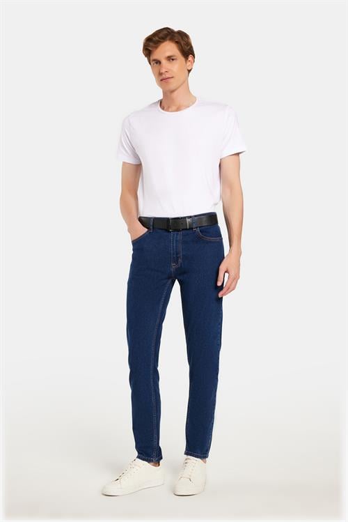 Erkek Regular Fit Yıkamalı Taşlamalı Esnek Kot  Düz Paça Tapered Lacivert Jean Pantolon