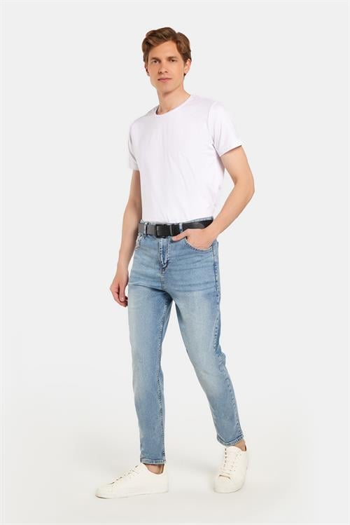 Erkek Regular Fit Bol Kesim Denim Yıkamalı Efektli Esnek Açık Mavi Jean Kot Pantolon