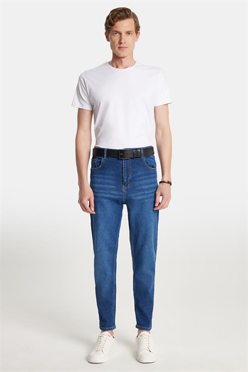 Erkek Regular Fit Bol Kesim Denim Yıkamalı Efektli Esnek Mavi Jean Kot Pantolon
