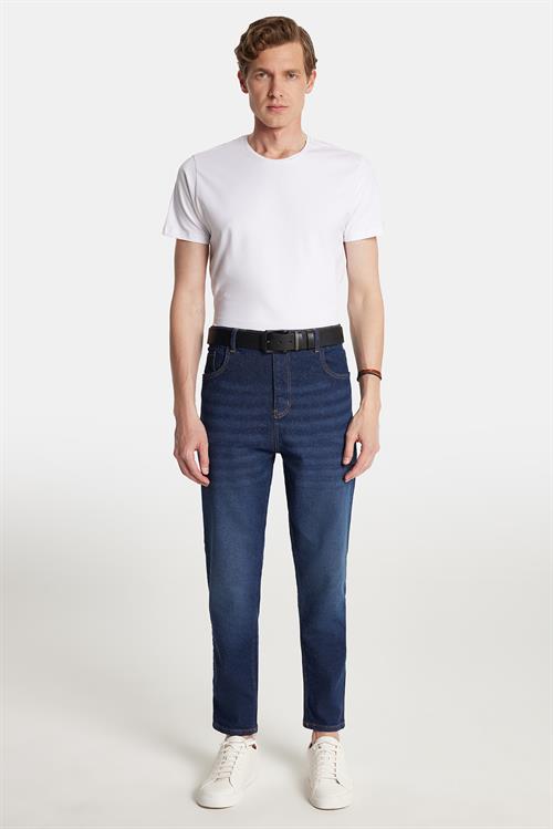 Erkek Regular Fit Bol Kesim Denim Yıkamalı Efektli Esnek Lacivert Jean Kot Pantolon