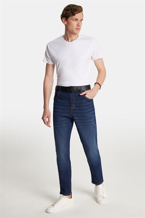 Erkek Regular Fit Bol Kesim Denim Yıkamalı Efektli Esnek Lacivert Jean Kot Pantolon