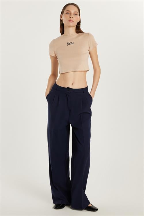 Kadın Regular Fit Pileli İspanyol Paça Lacivert Pantolon