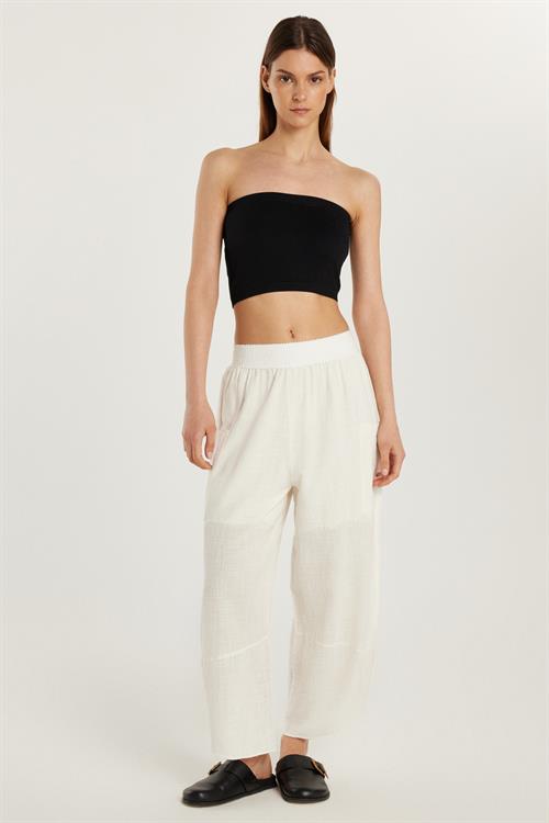 Kadın Relax Fit Rahat Kesim Beli Lastikli %100 Pamuk Bol Paça Ekru Pantolon