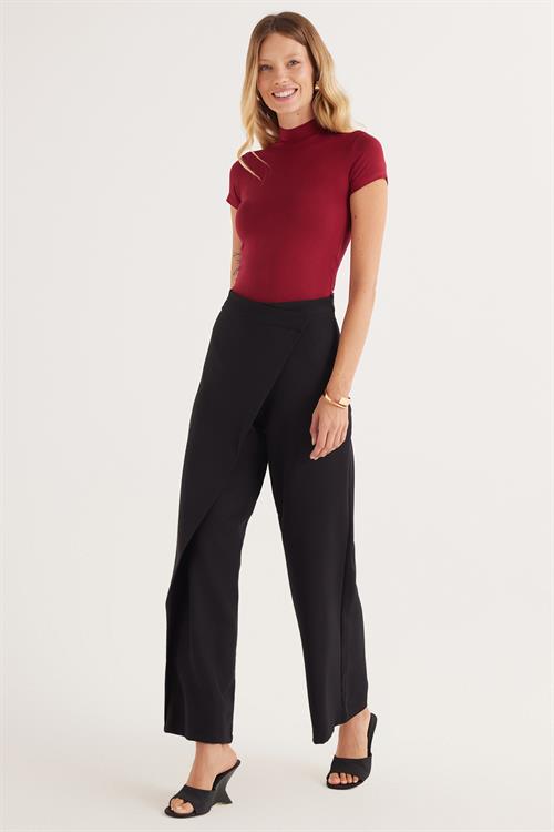 Kadın Standart Fit Geniş Paça Siyah Double Pantolon