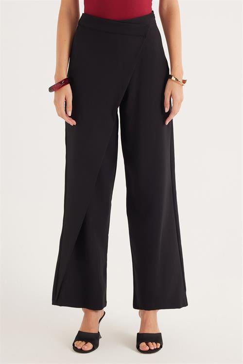 Kadın Standart Fit Geniş Paça Siyah Double Pantolon