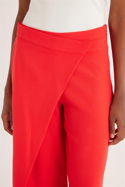 Kadın Standart Fit Geniş Paça Kırmızı Double Pantolon