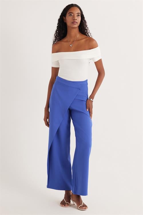 Kadın Standart Fit Geniş Paça Mavi Double Pantolon