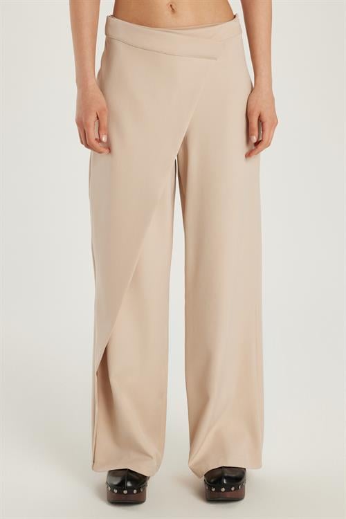 Kadın Standart Fit Geniş Paça Bej Double Pantolon