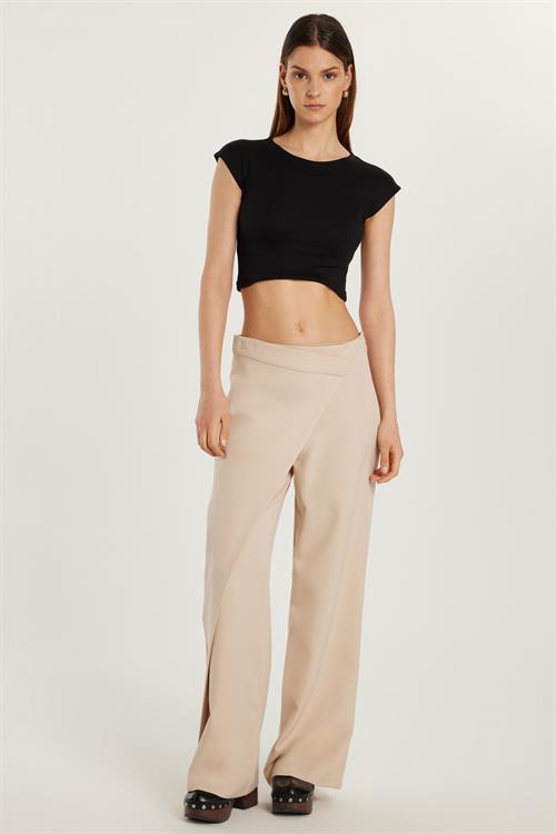 Kadın Standart Fit Geniş Paça Bej Double Pantolon