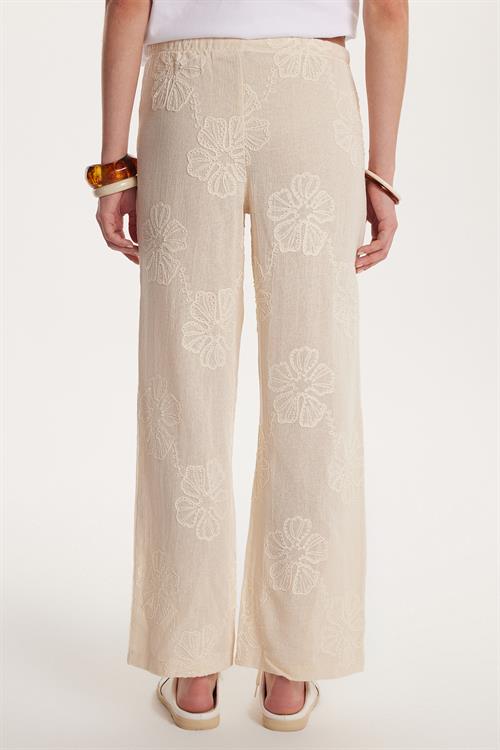 Kadın Relax Fit Rahat Kesim Beli Bağlamalı Nakışlı Bej Pantolon