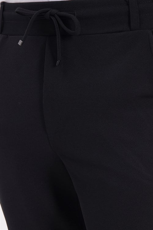 Erkek Slim Fit Pamuklu Beli Bağlamalı Yan Cepli Katlamalı Paça Jogger Siyah Pantolon