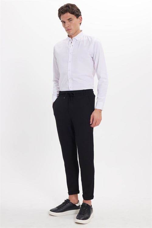 Erkek Slim Fit Pamuklu Beli Bağlamalı Yan Cepli Katlamalı Paça Jogger Siyah Pantolon