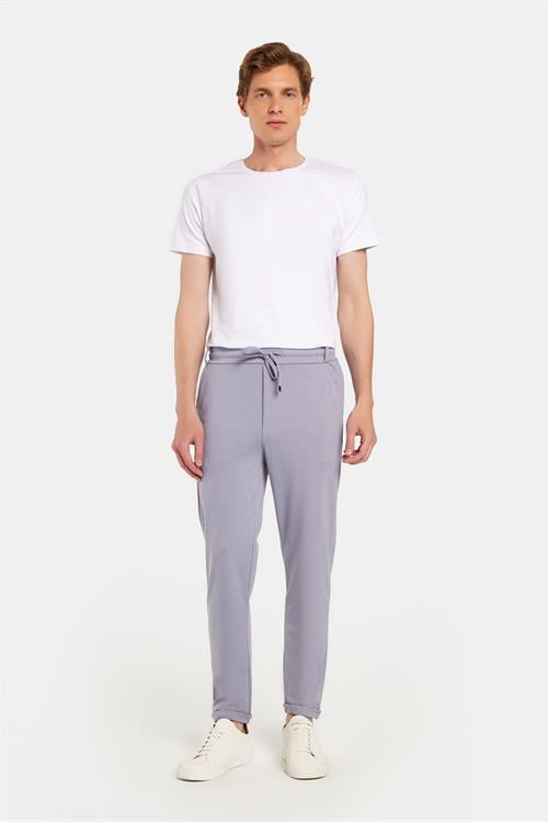 Erkek Slim Fit Pamuklu Beli Bağlamalı Yan Cepli Katlamalı Paça Jogger Gri Pantolon