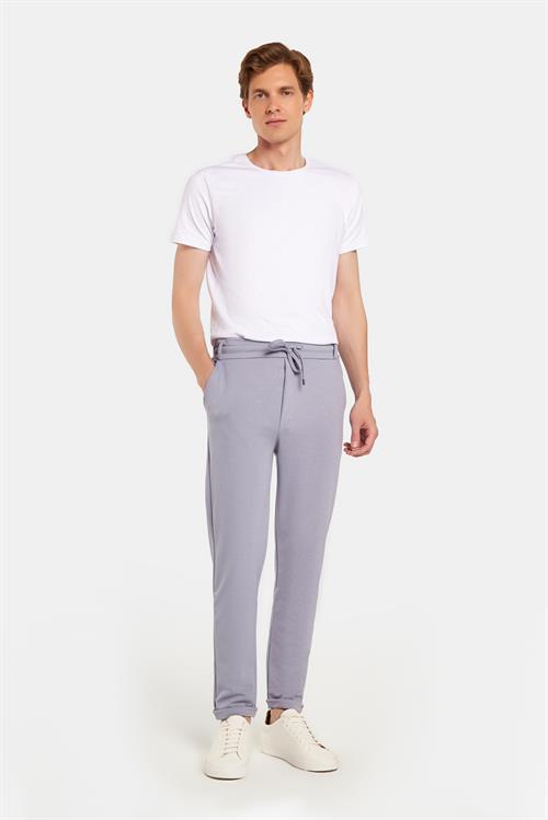 Erkek Slim Fit Pamuklu Beli Bağlamalı Yan Cepli Katlamalı Paça Jogger Gri Pantolon