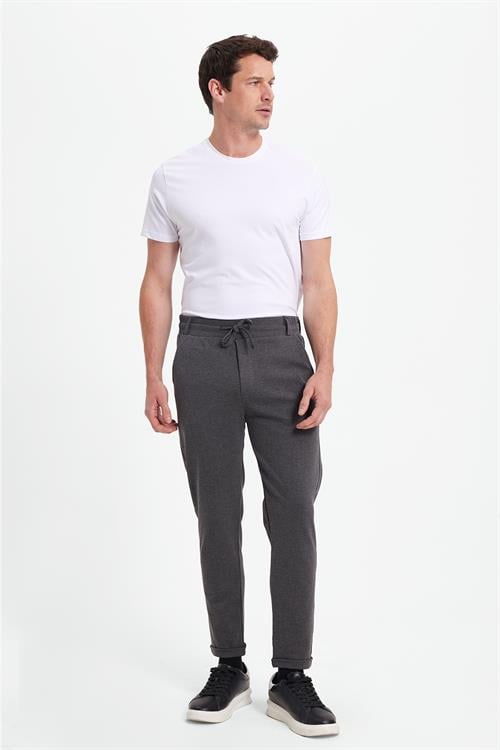 Erkek Slim Fit Pamuklu Beli Bağlamalı Yan Cepli Katlamalı Paça Jogger Gri Pantolon