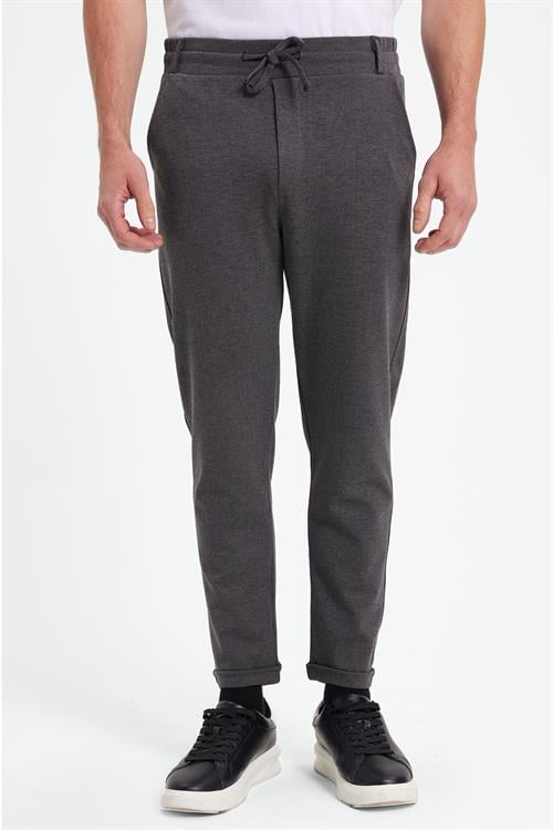 Erkek Slim Fit Pamuklu Beli Bağlamalı Yan Cepli Katlamalı Paça Jogger Gri Pantolon
