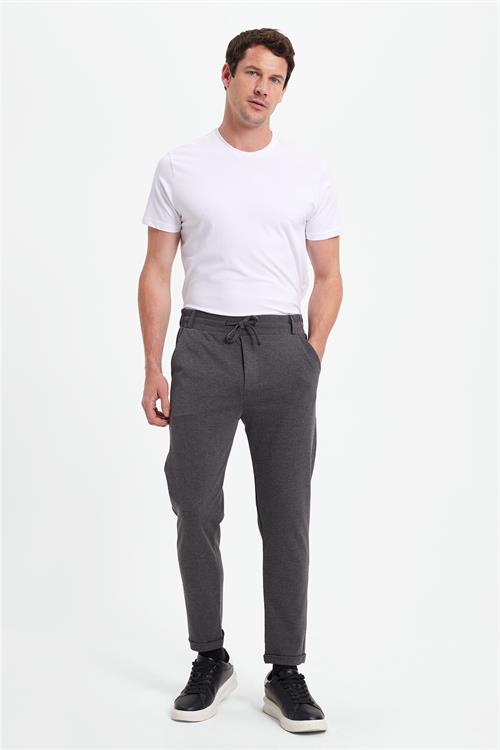 Erkek Slim Fit Pamuklu Beli Bağlamalı Yan Cepli Katlamalı Paça Jogger Gri Pantolon