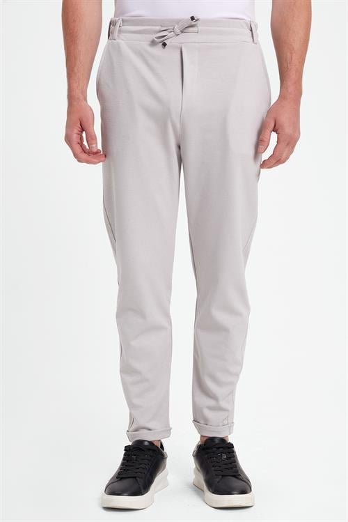Erkek Slim Fit Pamuklu Beli Bağlamalı Yan Cepli Katlamalı Paça Jogger Gri Pantolon