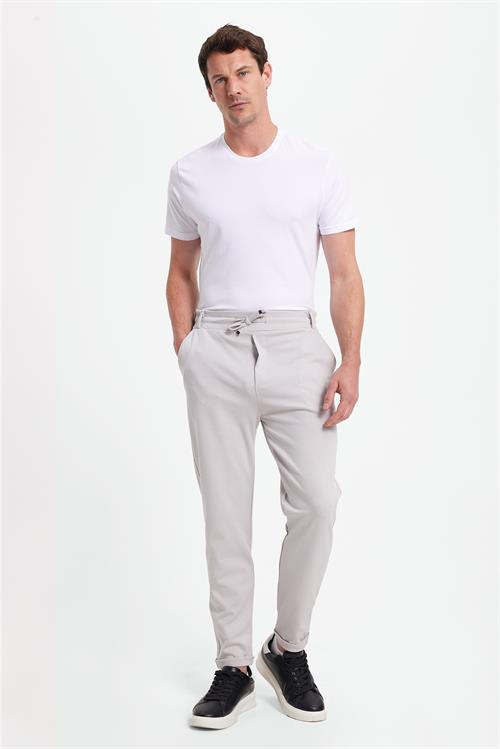Erkek Slim Fit Pamuklu Beli Bağlamalı Yan Cepli Katlamalı Paça Jogger Gri Pantolon
