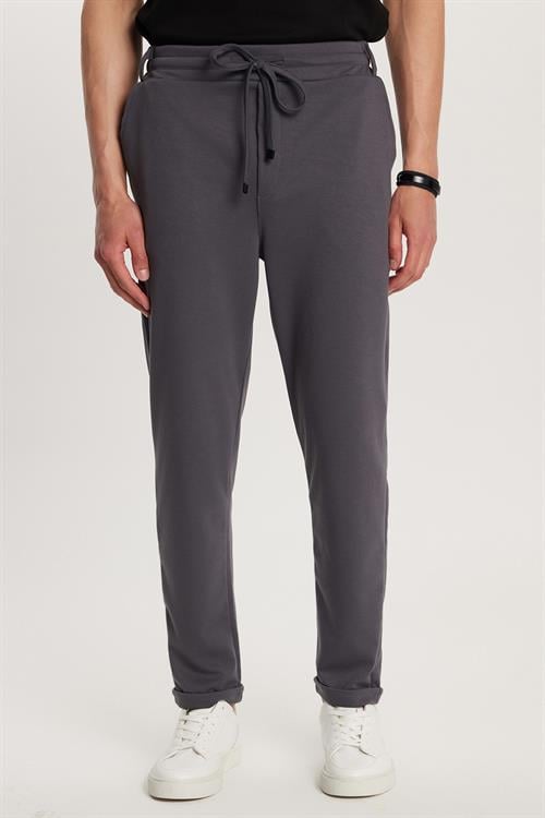 Erkek Slim Fit Pamuklu Beli Bağlamalı Yan Cepli Katlamalı Paça Jogger Antrasit Pantolon