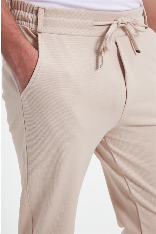 Erkek Slim Fit Pamuklu Beli Bağlamalı Yan Cepli Katlamalı Paça Jogger Bej Pantolon