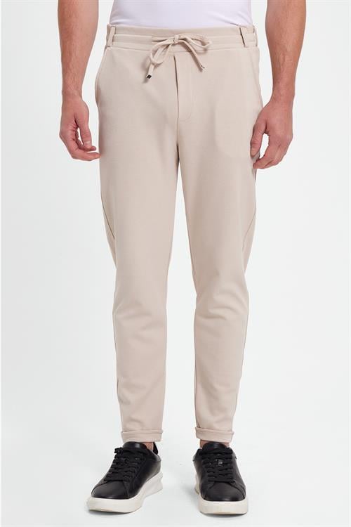 Erkek Slim Fit Pamuklu Beli Bağlamalı Yan Cepli Katlamalı Paça Jogger Bej Pantolon
