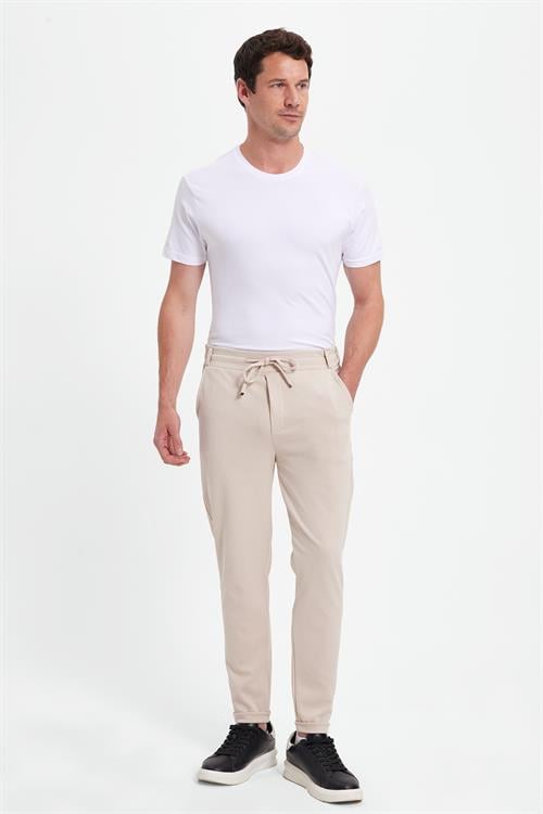 Erkek Slim Fit Pamuklu Beli Bağlamalı Yan Cepli Katlamalı Paça Jogger Bej Pantolon