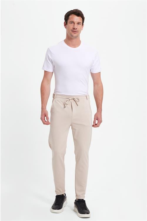 Erkek Slim Fit Pamuklu Beli Bağlamalı Yan Cepli Katlamalı Paça Jogger Bej Pantolon