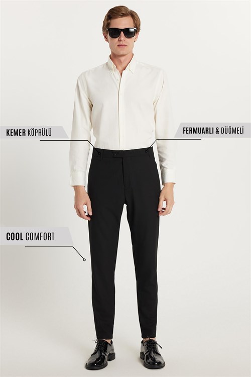 Erkek Slim Fit Dar Kesim Chino Yandan Cepli Pamuklu Siyah Pantolon