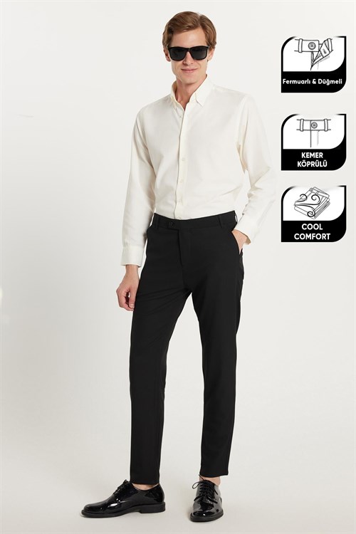 Erkek Slim Fit Dar Kesim Chino Yandan Cepli Pamuklu Siyah Pantolon