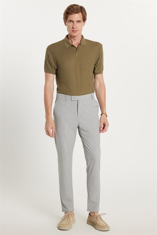 Erkek Slim Fit Dar Kesim Chino Yandan Cepli Pamuklu Gri Pantolon