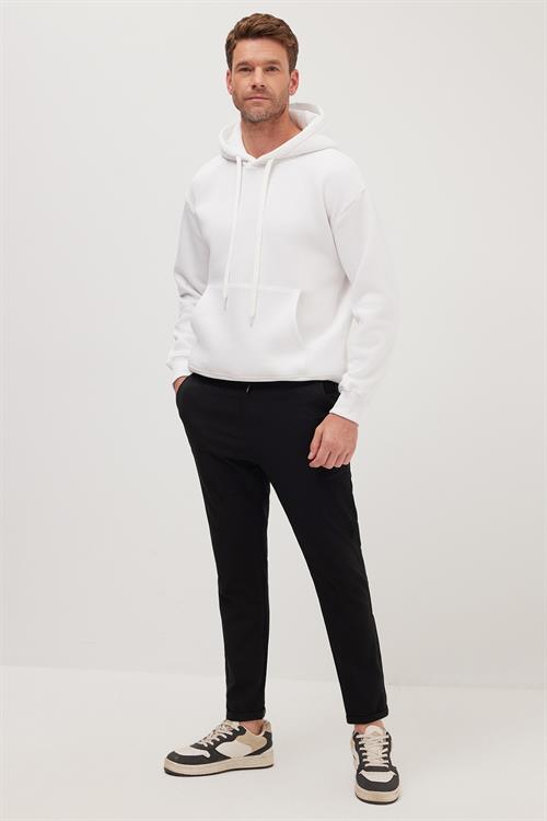 Erkek Slim Fit Dar Kesim Pamuklu Lastikli Beli Bağcıklı Siyah Pantolon