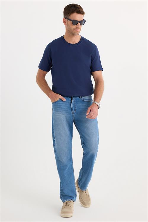 Erkek Regular Fit %100 Pamuk Yan Cepli Baggy Mavi Jean Kot Pantolon