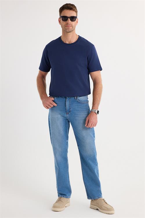 Erkek Regular Fit %100 Pamuk Yan Cepli Baggy Mavi Jean Kot Pantolon