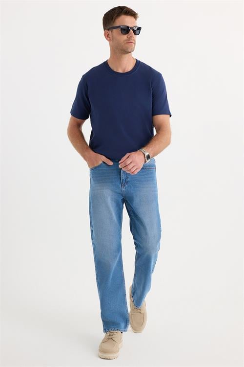 Erkek Regular Fit %100 Pamuk Yan Cepli Baggy Mavi Jean Kot Pantolon