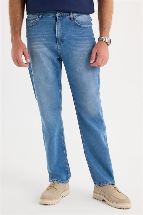 Erkek Regular Fit %100 Pamuk Yan Cepli Baggy Mavi Jean Kot Pantolon