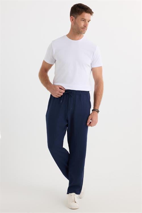 Erkek Standart Fit Normal Kesim Beli Bağcıklı Geniş Paça Lacivert Pantolon